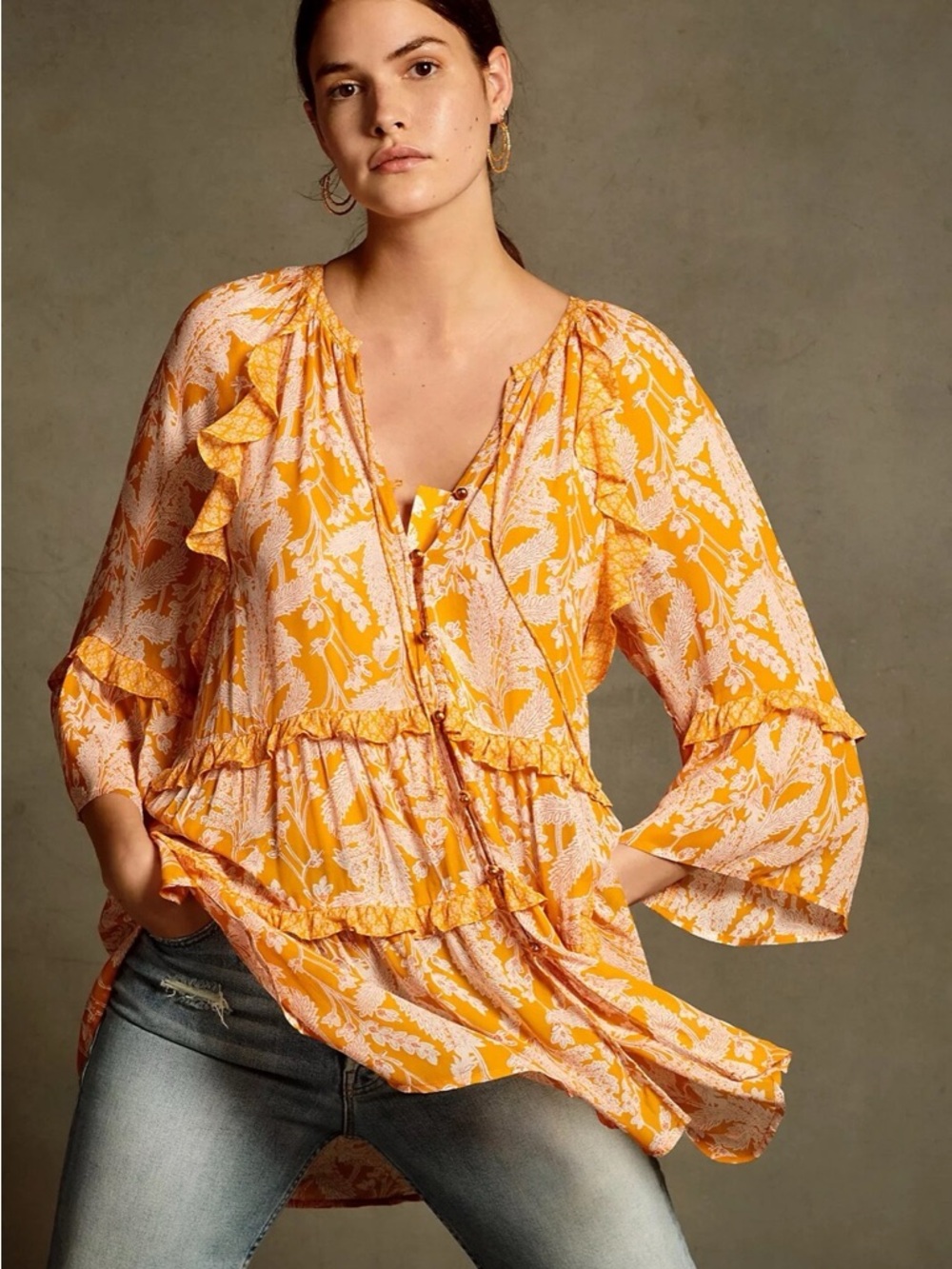 Anthropologie Mia Tiered Boho Ruffle Peasant Tunic Top - Yellow Floral - Picture 2 of 12